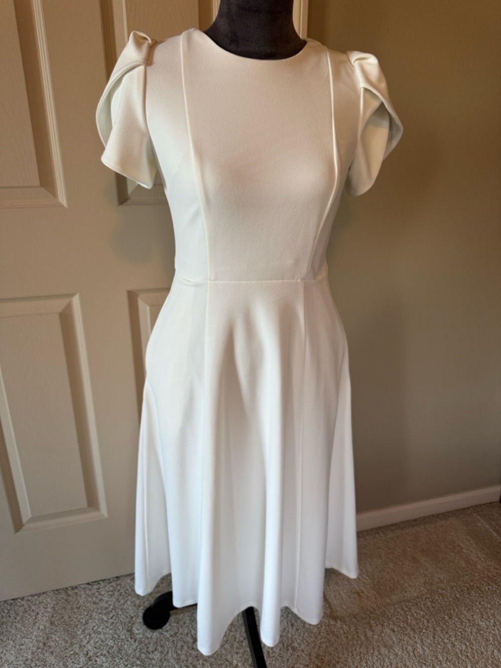 Calvin Klein Ivory Puff-Sleeve Midi Dress
